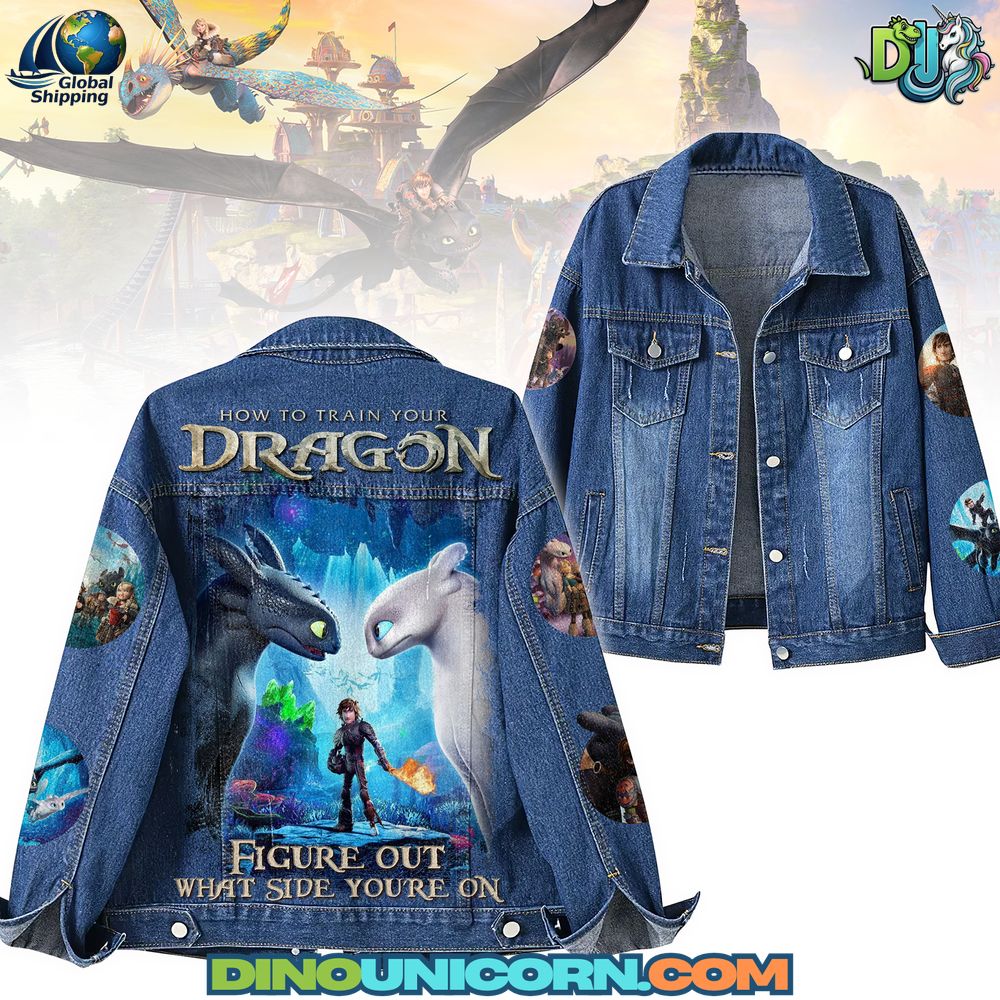 How to Train Your Dragon Denim Jacket How to Train Your Dragon denim jacket with Toothless, Light Fury, and Hiccup graphic design, collectible animated film fan merchandise jean jacket with patches.