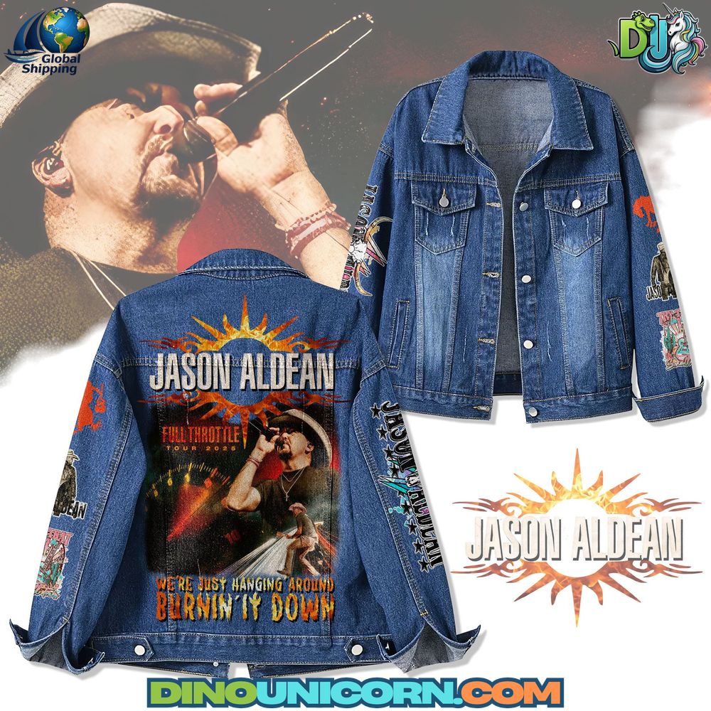 Jason Aldean Denim Jacket featuring embroidered graphics and patches, distressed and collectible tour-inspired outerwear, stylish country rock fan merchandise denim jacket, premium western style denim coat for concerts and everyday fashion.