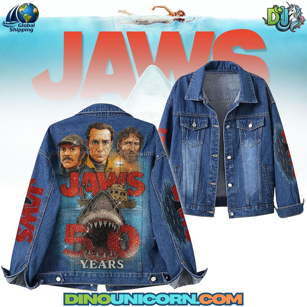 Jaws Denim Jacket Jaws denim jacket 50th Anniversary featuring shark design, movie characters Brody, Quint, Hooper, embroidered and graphic details, collectible film-inspired denim fashion.