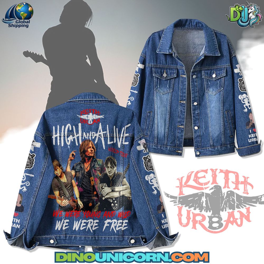 Keith Urban Denim Jacket Keith Urban denim jacket featuring High and Alive concert artwork, embroidered details, and sleeve patches. Limited edition country music fan merchandise outerwear, inspired by Nashville and western style fashion.