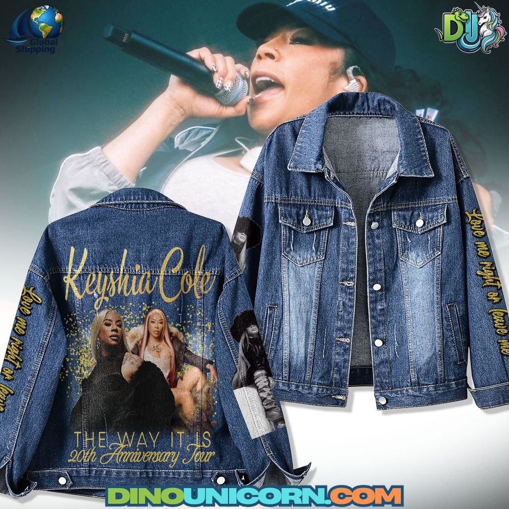 Keyshia Cole Denim Jacket featuring embroidered golden details, distressed and patchwork elements, graphic artwork from The Way It Is 20th Anniversary Tour, stylish R&B fan merchandise denim jacket, premium women’s streetwear outerwear.