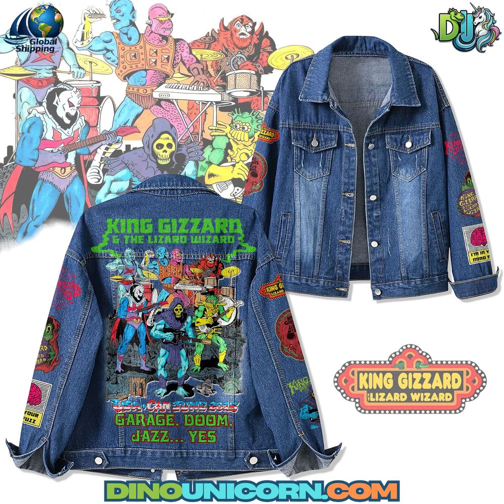 King Gizzard the Lizard Wizard Denim Jacket King Gizzard & The Lizard Wizard denim jacket featuring psychedelic comic-style artwork, embroidered patches, distressed vintage look, collectible fan merchandise outerwear for rock and garage band fashion.