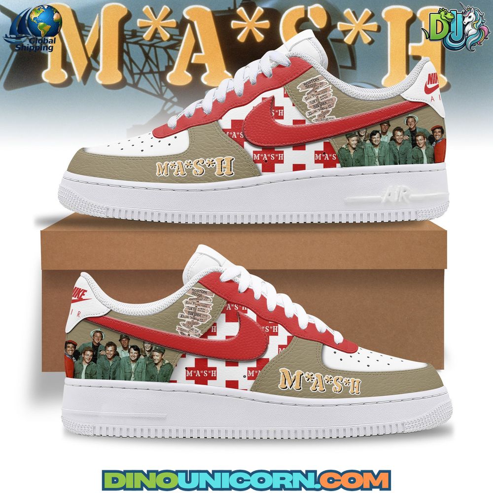 MASH Air Force 1 Sneaker MASH Air Force 1 Sneaker featuring cast photo and military-inspired design, retro television tribute custom Nike shoes, collectible sitcom fan footwear.