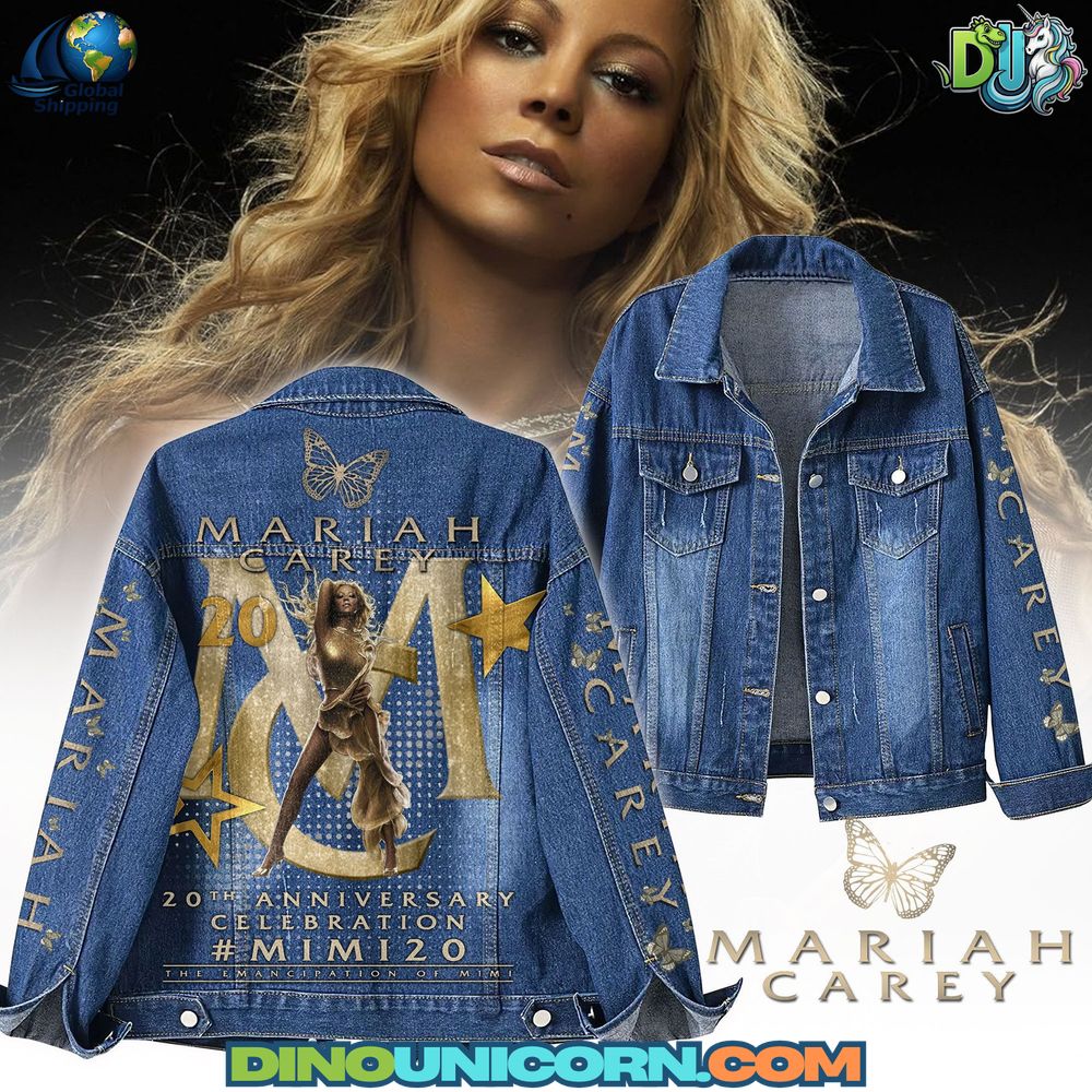 Mariah Care Denim Jacket Mariah Carey Denim Jacket featuring gold graphic artwork, butterfly details, and 20th Anniversary Celebration design. Limited edition fan merchandise collectible jean jacket with stylish embroidered and graphic prints, perfect for concerts, casual fashion, and pop culture collectors.