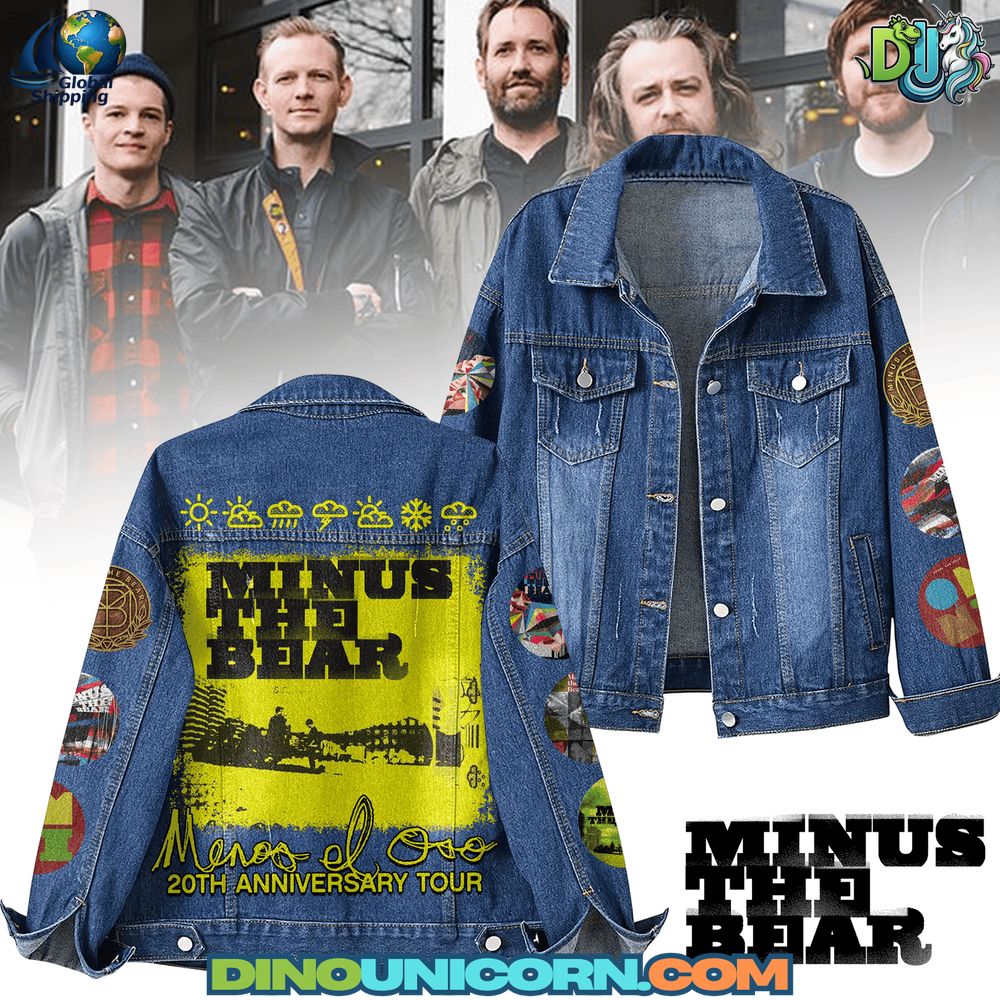 Minus the Bear Denim Jacket featuring bold yellow 20th Anniversary Tour graphic, embroidered and patch details, distressed indie rock fan collectible denim outerwear, stylish retro-inspired streetwear jacket for concerts and everyday wear.