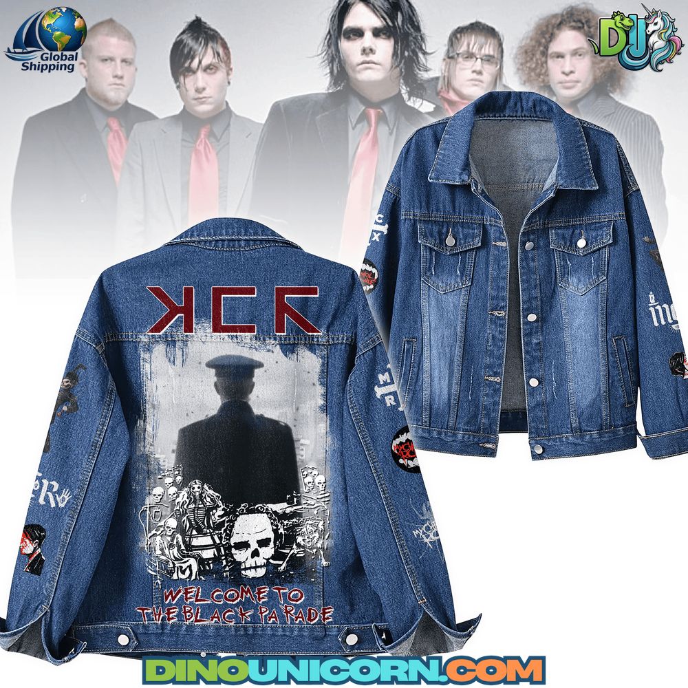 My Chemical Romance Denim Jacket My Chemical Romance Denim Jacket with The Black Parade artwork, embroidered sleeve patches, distressed retro denim design, limited edition emo band fan collectible outerwear.