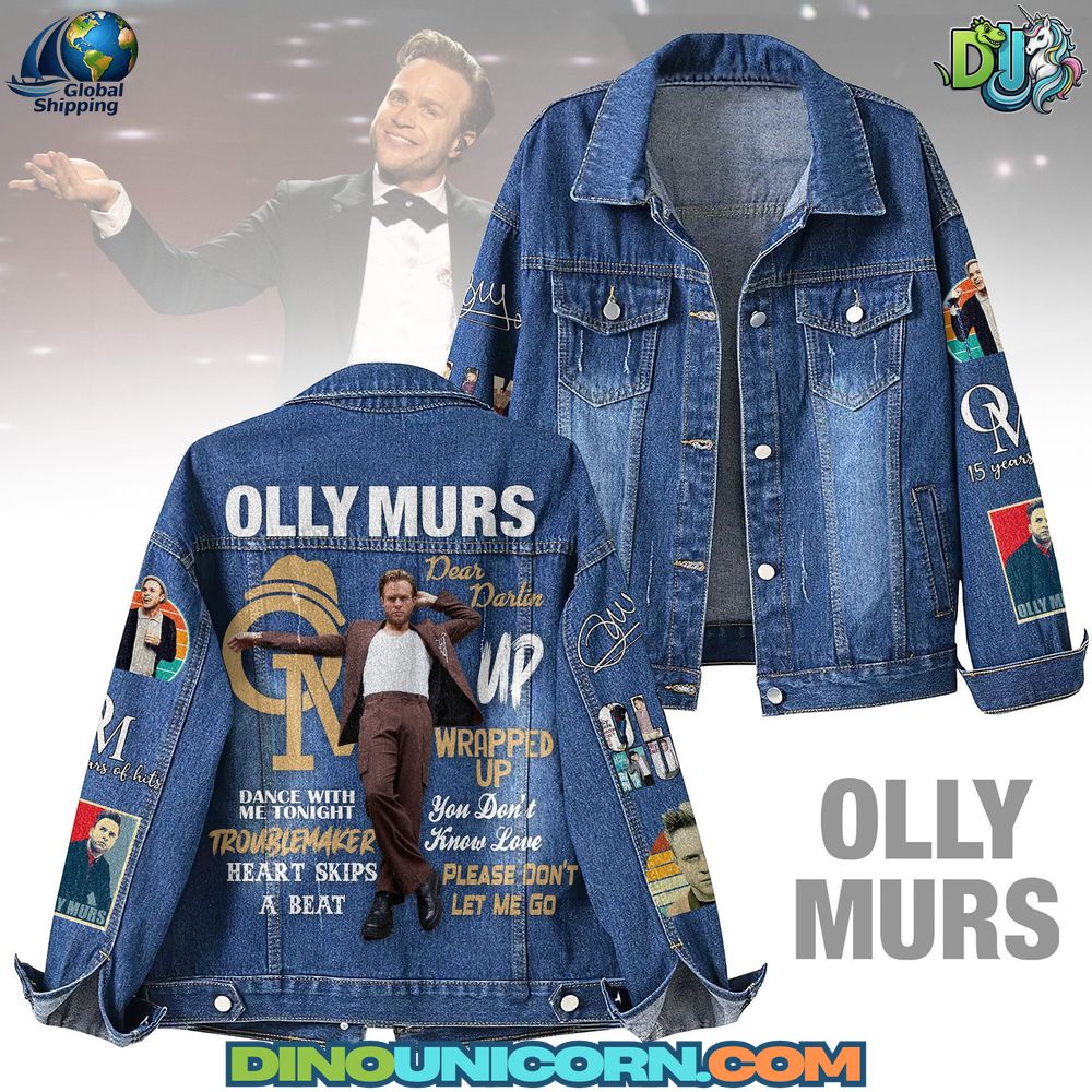 Olly Murs Denim Jacket Olly Murs denim jacket featuring embroidered patches, distressed vintage finish, bold back graphic with hit song titles, collectible fan merchandise outerwear inspired by the British pop singer’s concerts and music.