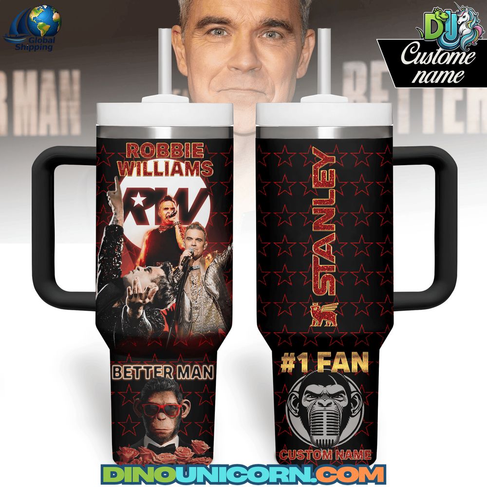 Robbie Williams Stanley Tumbler Cup Robbie Williams Stanley Tumbler Cup featuring concert tour graphics, double-wall insulated stainless steel design, leak-proof lid, and handle. Limited edition collectible fan merchandise drinkware for British pop music fans.