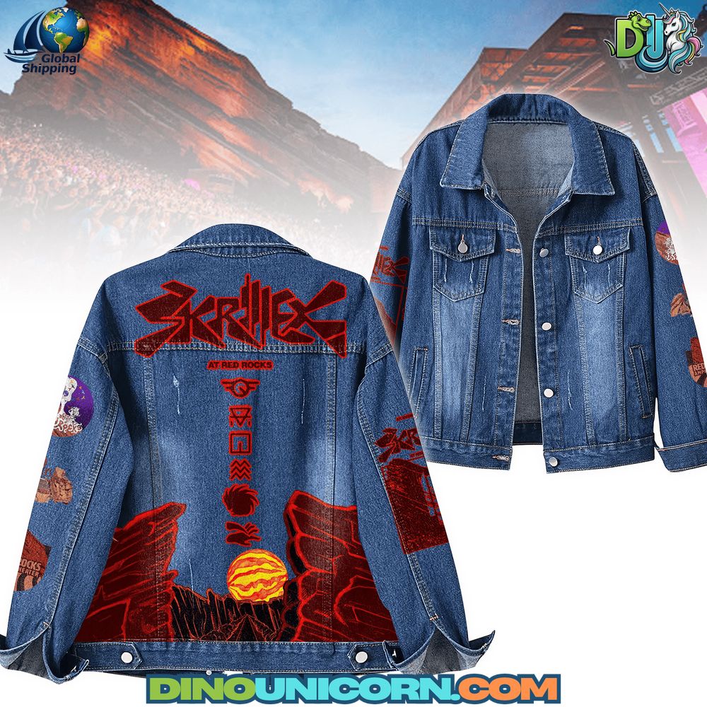 Skrillex Denim Jacket Skrillex Denim Jacket featuring graphic artwork, embroidered details, and distressed design. Limited edition EDM-inspired jean jacket for fans, festivals, concerts, and collectible streetwear fashion.
