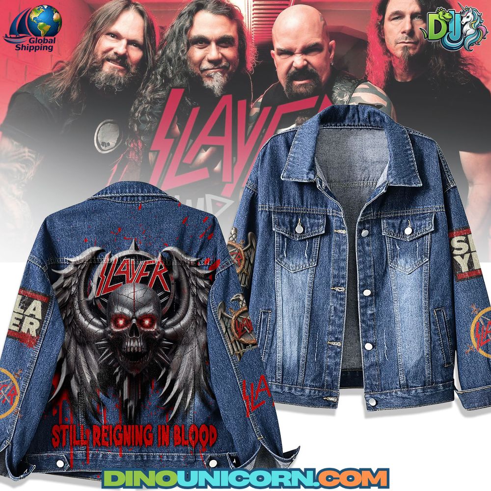 Slayer Band Denim Jacket Slayer Band denim jacket featuring skull-and-wings back graphic, embroidered logos, distressed details, and concert tour-inspired artwork. Limited edition heavy metal fan merchandise denim outerwear for thrash music lovers.