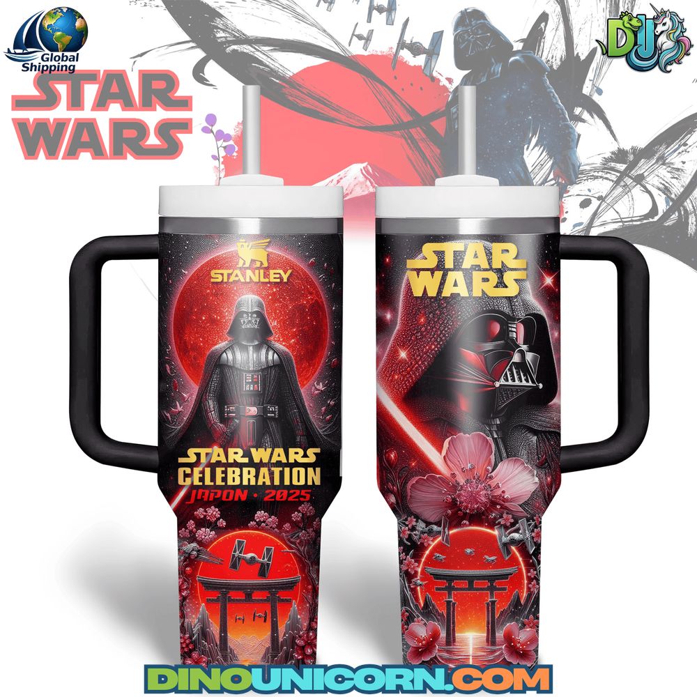 Star Wars Stanley Tumbler Cup Front and back view of a Star Wars Stanley Tumbler Cup featuring Darth Vader design, red moon and galaxy background, cherry blossoms, Japanese torii gate artwork, and “Star Wars Celebration Japan 2025” text, designed as limited edition stainless steel fan merchandise.