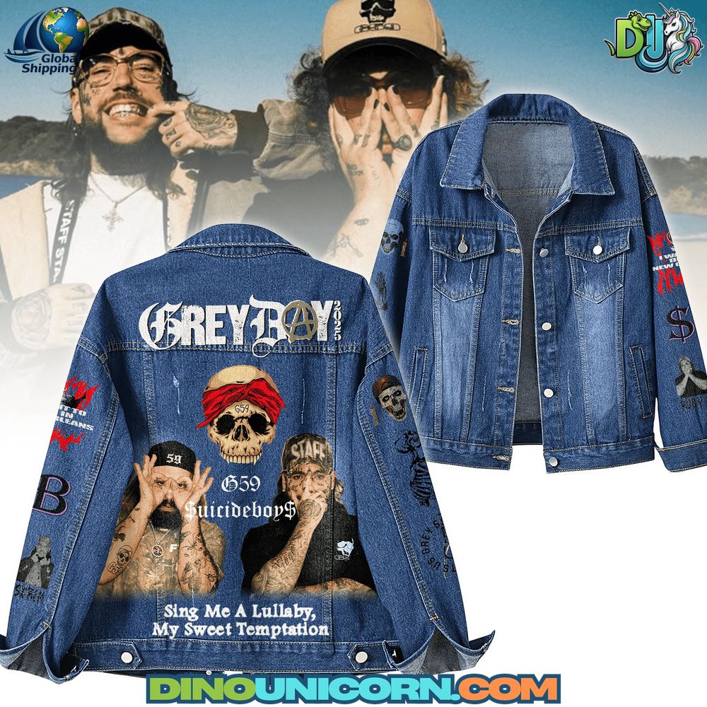 Suicideboys Denim Jacket Suicideboys denim jacket with Grey Day tour graphics, skull embroidery, G59 artwork, and “Sing Me A Lullaby, My Sweet Temptation” design.