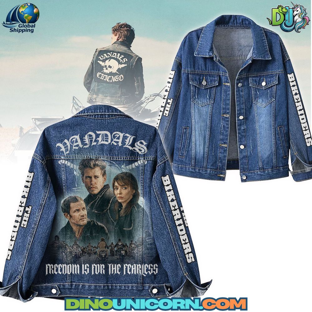 The Bikeriders Denim Jacket Front and back view of The Bikeriders denim jacket featuring Vandals Chicago artwork, movie cast portraits, “Freedom Is for the Fearless” slogan, and embroidered sleeve text “The Bikeriders,” designed as film-inspired collectible biker fashion outerwear.