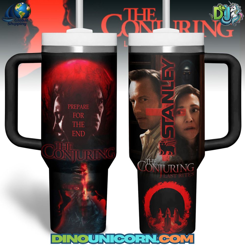 The Conjuring: Last Rites Stanley Tumbler Cup featuring horror movie artwork, stainless steel insulated drinkware with leak-proof lid and ergonomic handle, collectible fan merchandise tumbler for hot and cold beverages, limited edition horror-themed Stanley Cup.