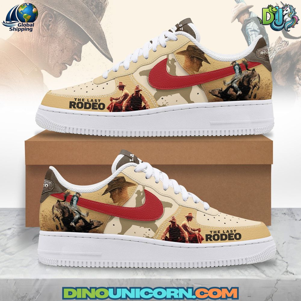 The Last Rodeo Air Force 1 Sneaker The Last Rodeo Air Force 1 sneaker with cowboy graphics, rustic western-inspired design, collectible limited edition Nike shoes, rodeo fan footwear.