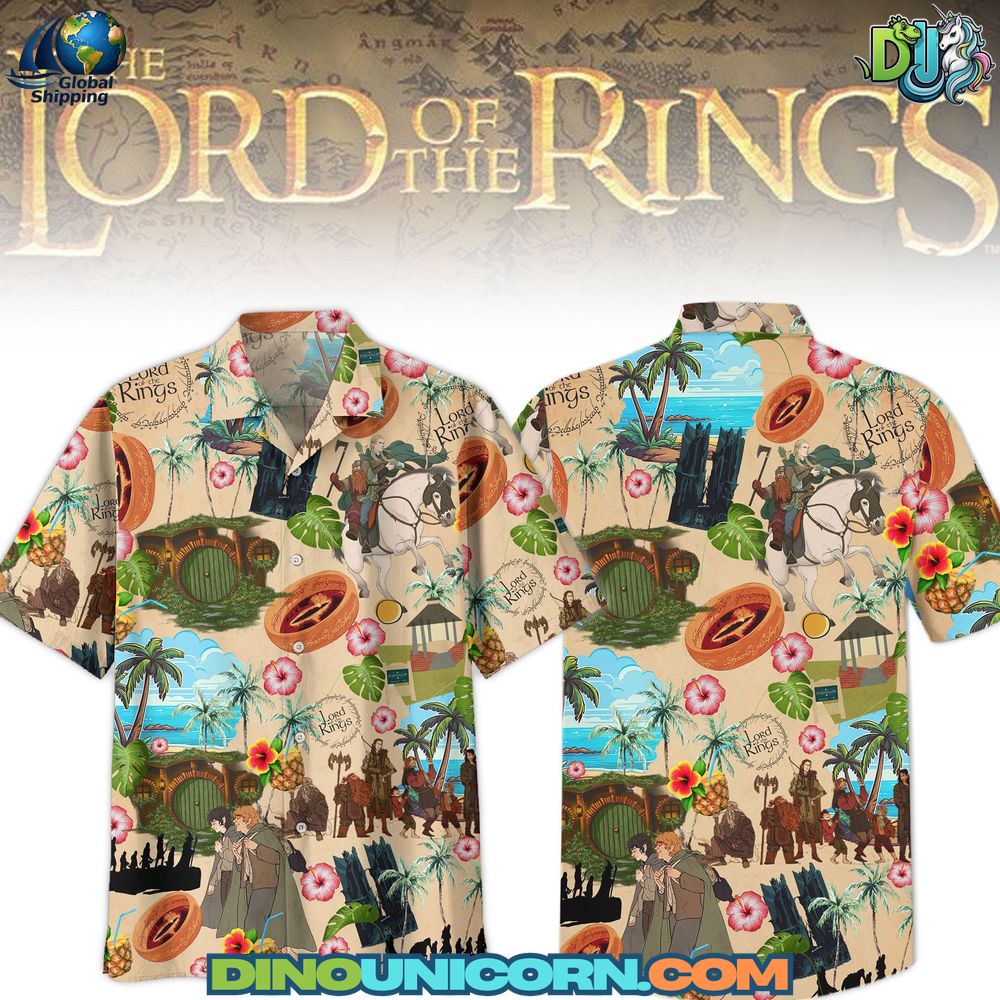 The Lord of the Rings Hawaiian Shirt Lord of the Rings Hawaiian shirt featuring Frodo, Sam, the One Ring, the Shire, and Middle-earth designs, tropical floral vacation shirt with palm trees and fantasy art, short sleeve summer button-up collectible fan apparel.