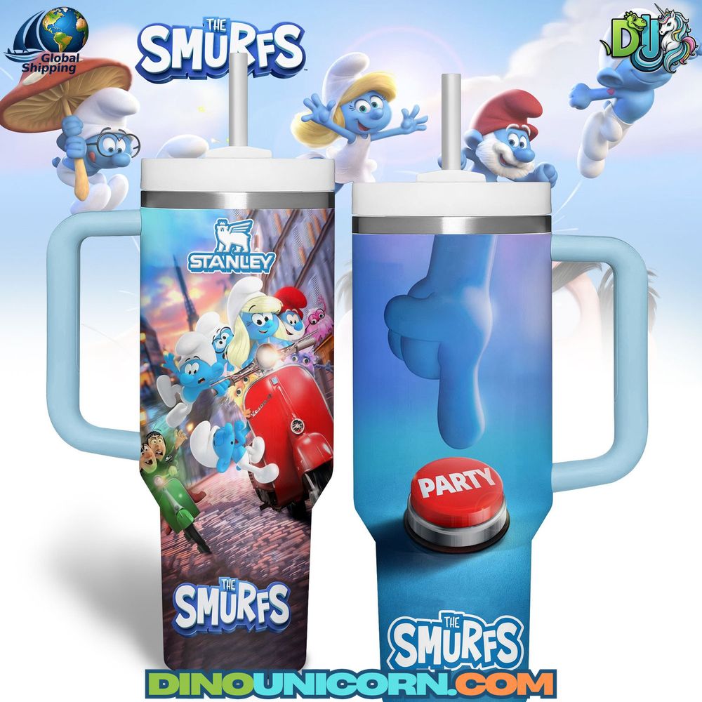 The Smurfs Stanley Tumbler Cup featuring colorful cartoon artwork, insulated stainless steel drinkware for hot and cold beverages, family-friendly collectible fan merchandise tumbler with leak-proof design and reusable eco-friendly build.