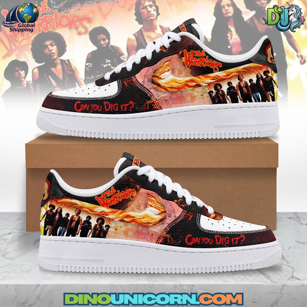 The Warriors Film Air Force 1 Sneaker The Warriors film Air Force 1 sneakers featuring cult classic movie artwork, “Can You Dig It?” graphic, flame details, and collectible fan merchandise design for retro film and sneaker lovers.