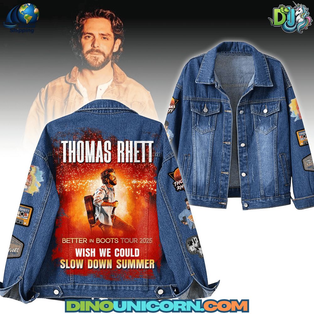 Thomas Rhett Denim Jacket featuring graphic artwork from the Better in Boots Tour 2025, embroidered and patch details, distressed country music fan collectible denim outerwear, stylish limited edition concert tour jacket for fans and streetwear fashion.