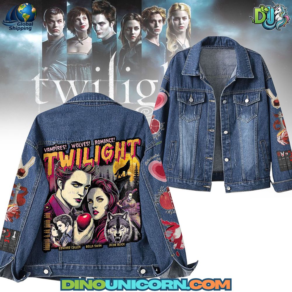 Twilight Denim Jacket Twilight denim jacket featuring Edward Cullen, Bella Swan, and Jacob Black retro comic-style graphic with wolves, embroidered sleeves, and distressed vintage jean jacket design.