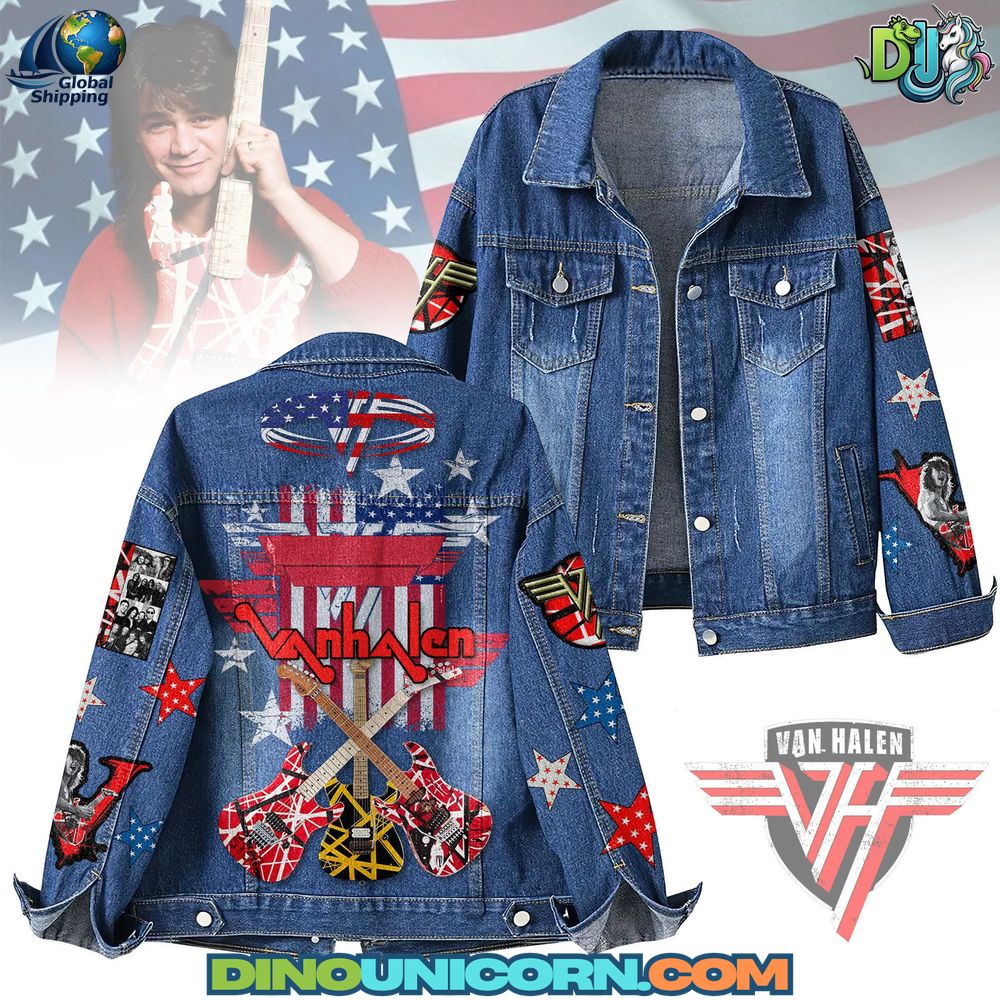 Van Halen Denim Jacket Van Halen denim jacket featuring embroidered patches, Eddie Van Halen guitar tribute, American flag design, collectible rock band concert outerwear.