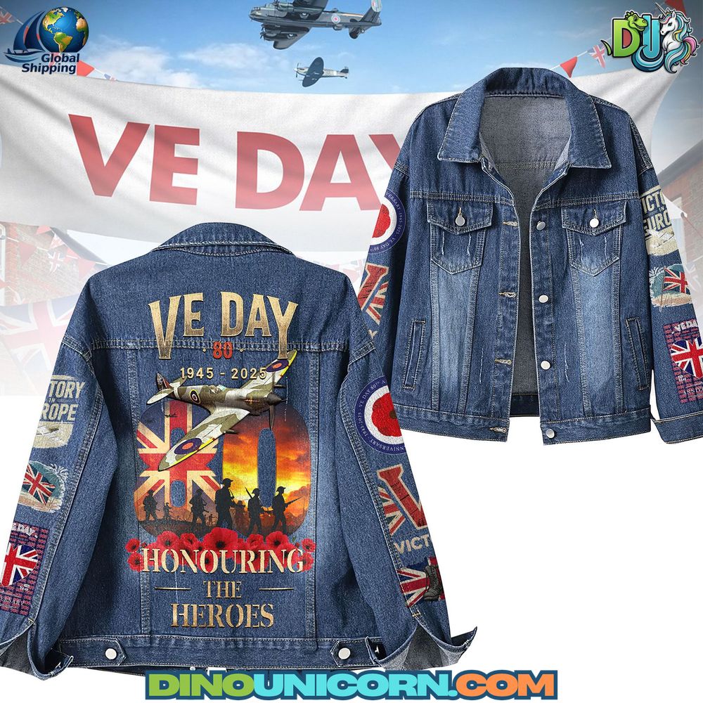 Victory in Europe Day Denim Jacket Victory in Europe Day denim jacket featuring Union Jack patches, aviation graphics, poppy remembrance artwork, and 80th anniversary WWII tribute design.