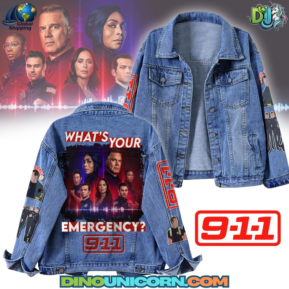 911 Denim Jacket A 9-1-1 denim jacket with vintage wash, bold collage back print reading “What’s Your Emergency?” and 118 squad graphics on the sleeves, unisex trucker style jean jacket for fans of the TV series.