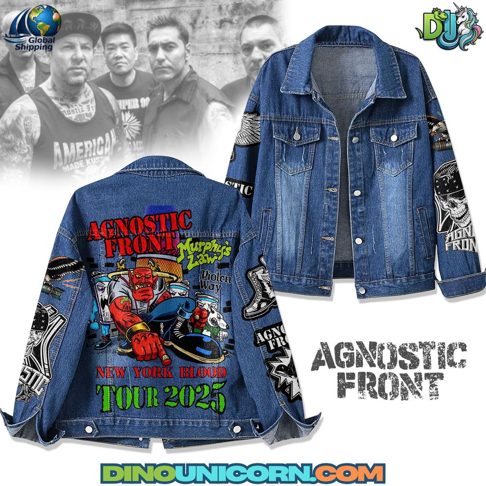 Agnostic Front Denim Jacket Handmade Agnostic Front denim jacket with bold back graphic inspired by the New York Blood Tour 2025, NYHC streetwear design, unisex blue jean jacket with sleeve patches.