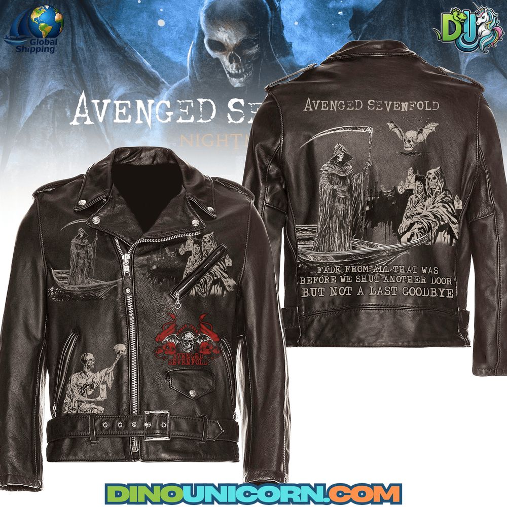 Avenged Sevenfold Leather Jacket Avenged Sevenfold leather jacket with Deathbat logo, grim reaper back print, and Nightmare-inspired artwork; black biker silhouette with belt, zip pockets, and zipped cuffs.