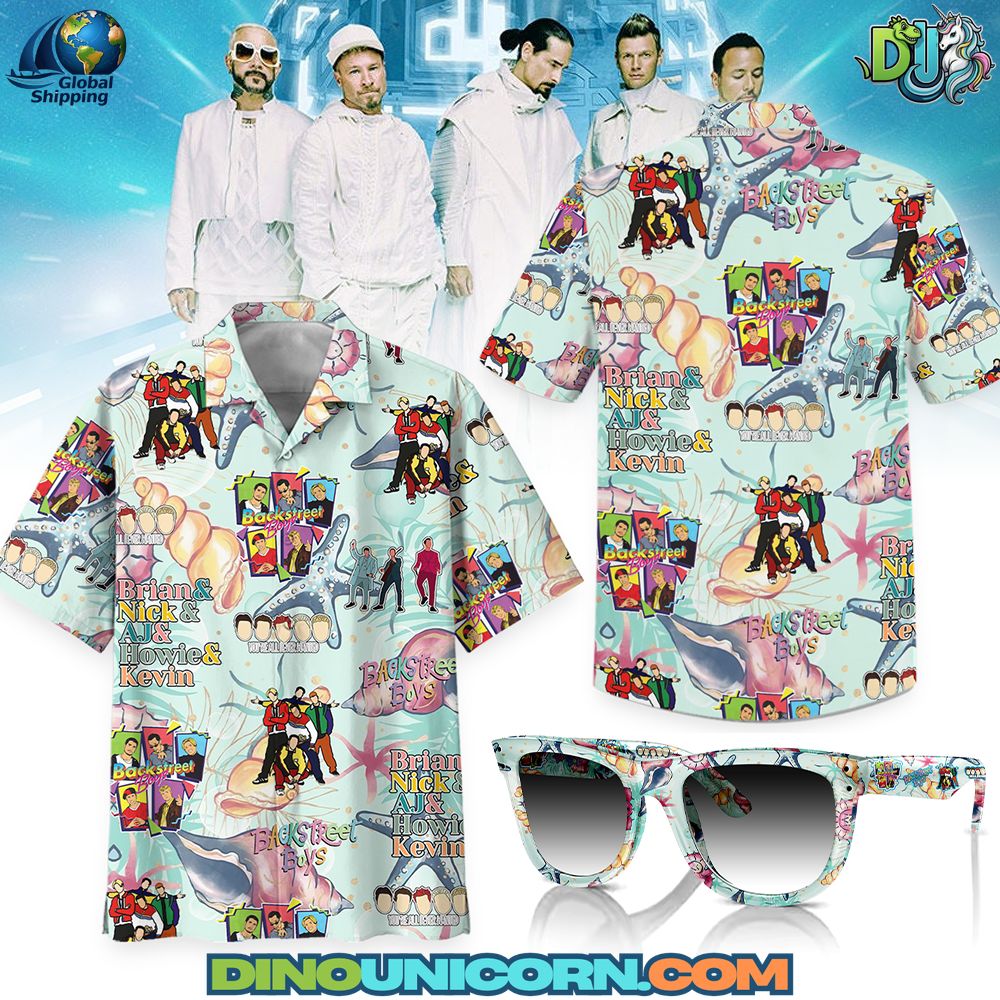 Backstreet Boys Hawaiian Shirt A vibrant Backstreet Boys Hawaiian shirt in pastel blue featuring cartoon portraits of Brian, Nick, AJ, Howie, and Kevin with tropical floral patterns; lightweight unisex aloha shirt handmade by DinoUnicorn for 90s pop music fans.