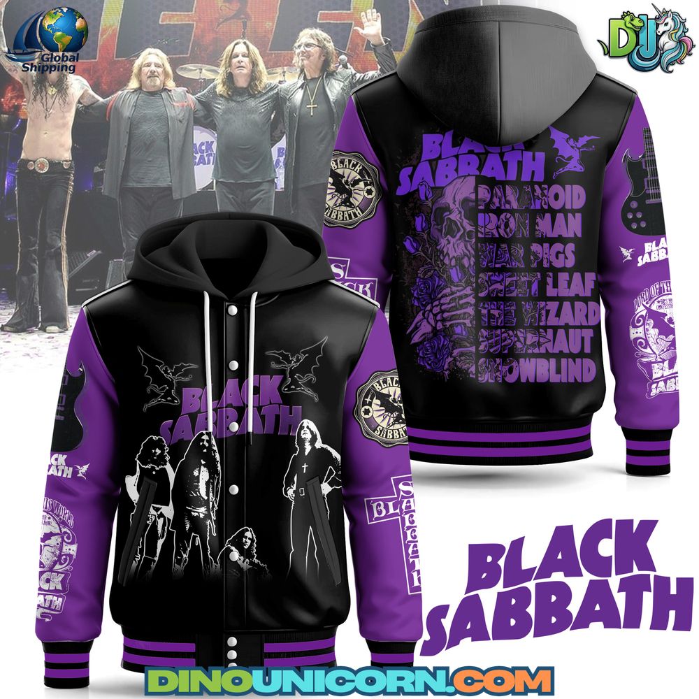 Black Sabbath hooded baseball jacket in purple and black with band graphics, varsity hoodie design, and song titles Paranoid, Iron Man, War Pigs, Snowblind.