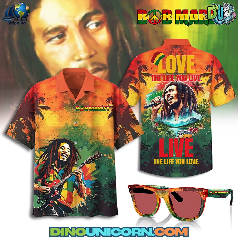 Bob Marley Hawaiian Shirt Bob Marley Hawaiian shirt featuring vibrant Rasta colors, palm trees, and reggae-inspired art; tropical unisex shirt with Bob Marley portraits and “Love the Life You Live” quote, perfect for summer vacation or concert outfits.