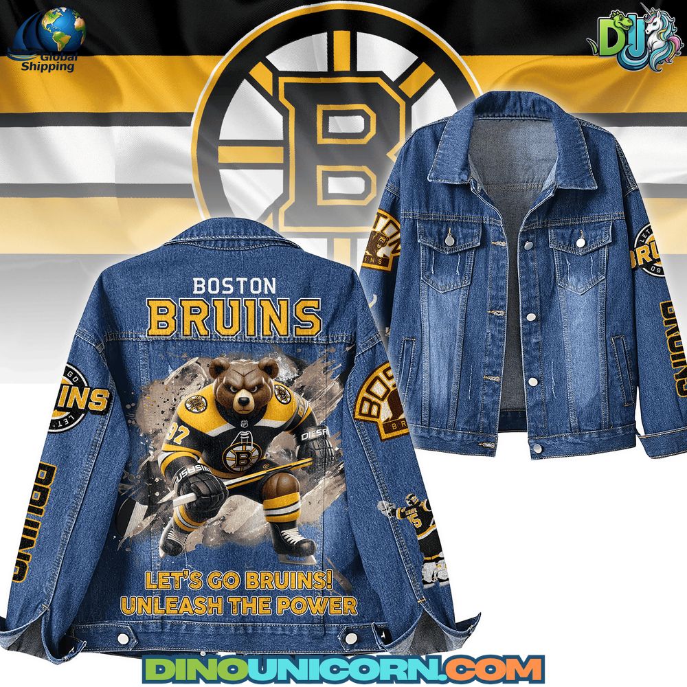 Boston Bruins Denim Jacket Premium Boston Bruins denim jacket with black-and-gold bear graphic, embroidered details, reinforced stitching, and unisex sizing S–5XL for game day and streetwear.