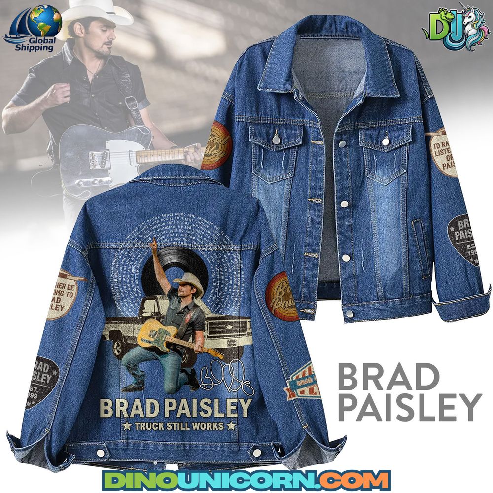 Brad Paisley Denim Jacket Brad Paisley denim jacket with bold country music graphics, limited edition fan collectible jean jacket featuring “Truck Still Works” design.