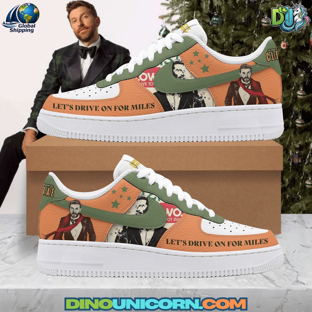 Brett Eldredge Air Force 1 Sneaker Brett Eldredge Air Force 1 sneakers with orange and green leather panels, portrait graphics, and “Let’s Drive On For Miles” text; custom handmade country music shoes by DinoUnicorn.