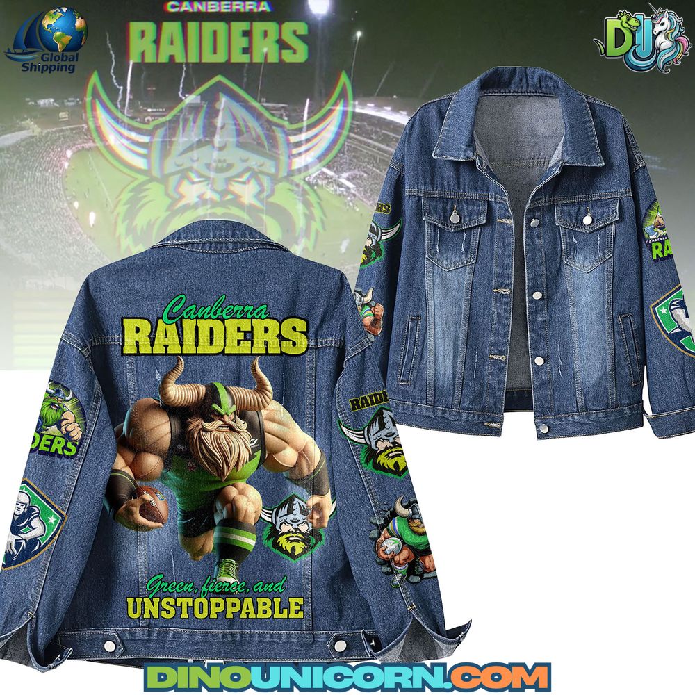 Canberra Raiders Denim Jacket Premium Canberra Raiders denim jacket with Viking mascot back print, lime-green team details, embroidered patches, and vintage-wash blue for rugby league fans.