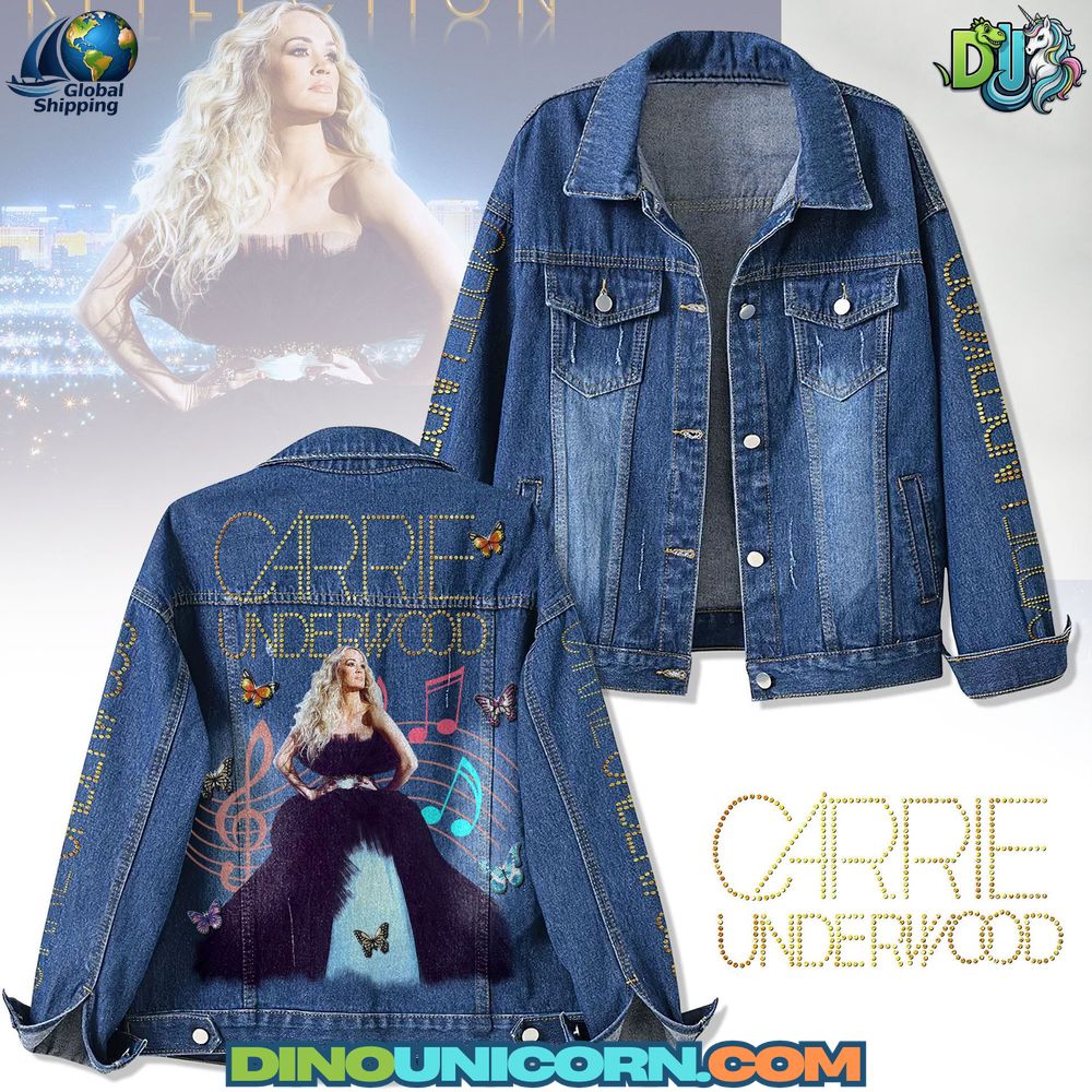 Carrie Underwood Denim Jacket Carrie Underwood denim jacket with butterfly and music note graphics, glamorous fan collectible jean jacket with sparkling design.