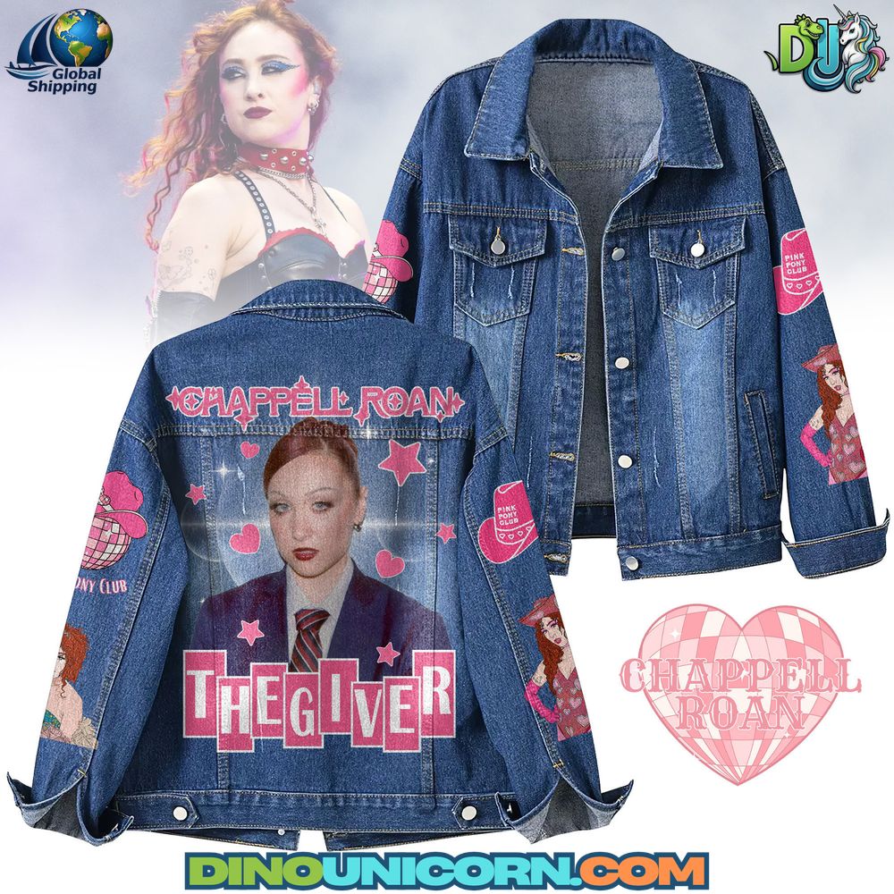 Chappell Roan Denim Jacket A Chappell Roan denim jacket with vibrant pink and blue tones, featuring The Giver album artwork, embroidered heart patches, and pop star graphics on a vintage wash base.