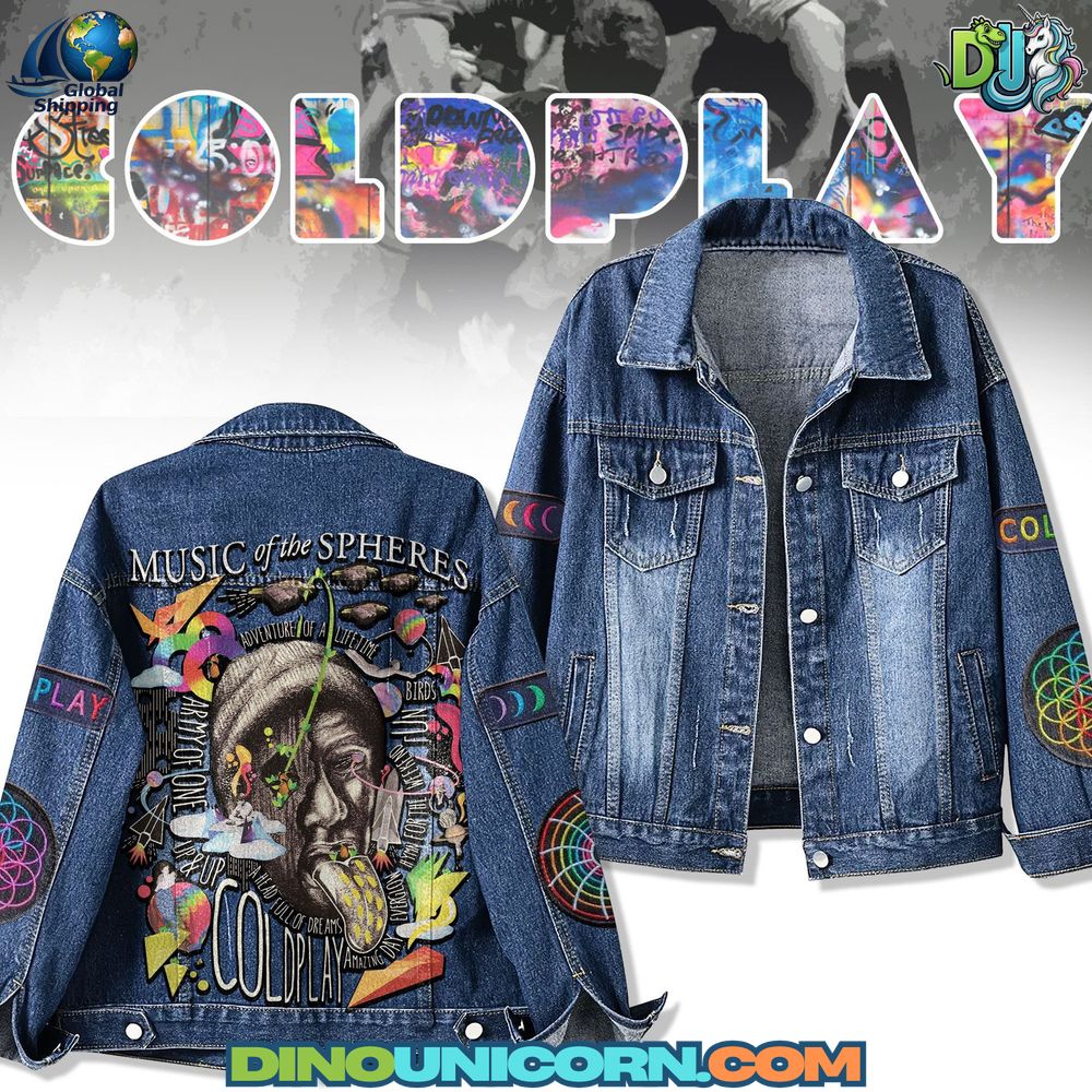Premium Coldplay denim jacket featuring colorful cosmic embroidery, Music of the Spheres artwork, and sustainable cotton denim in a unisex handmade design.