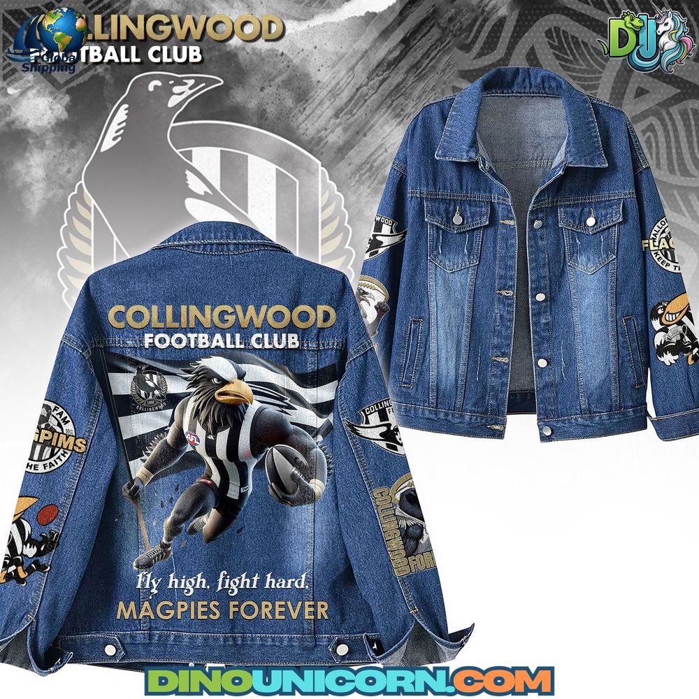 Collingwood Football Club Denim Jacket Handmade Collingwood Football Club denim jacket with Magpie back print and embroidered team logo, black-and-white distressed jean trucker style for AFL supporters.