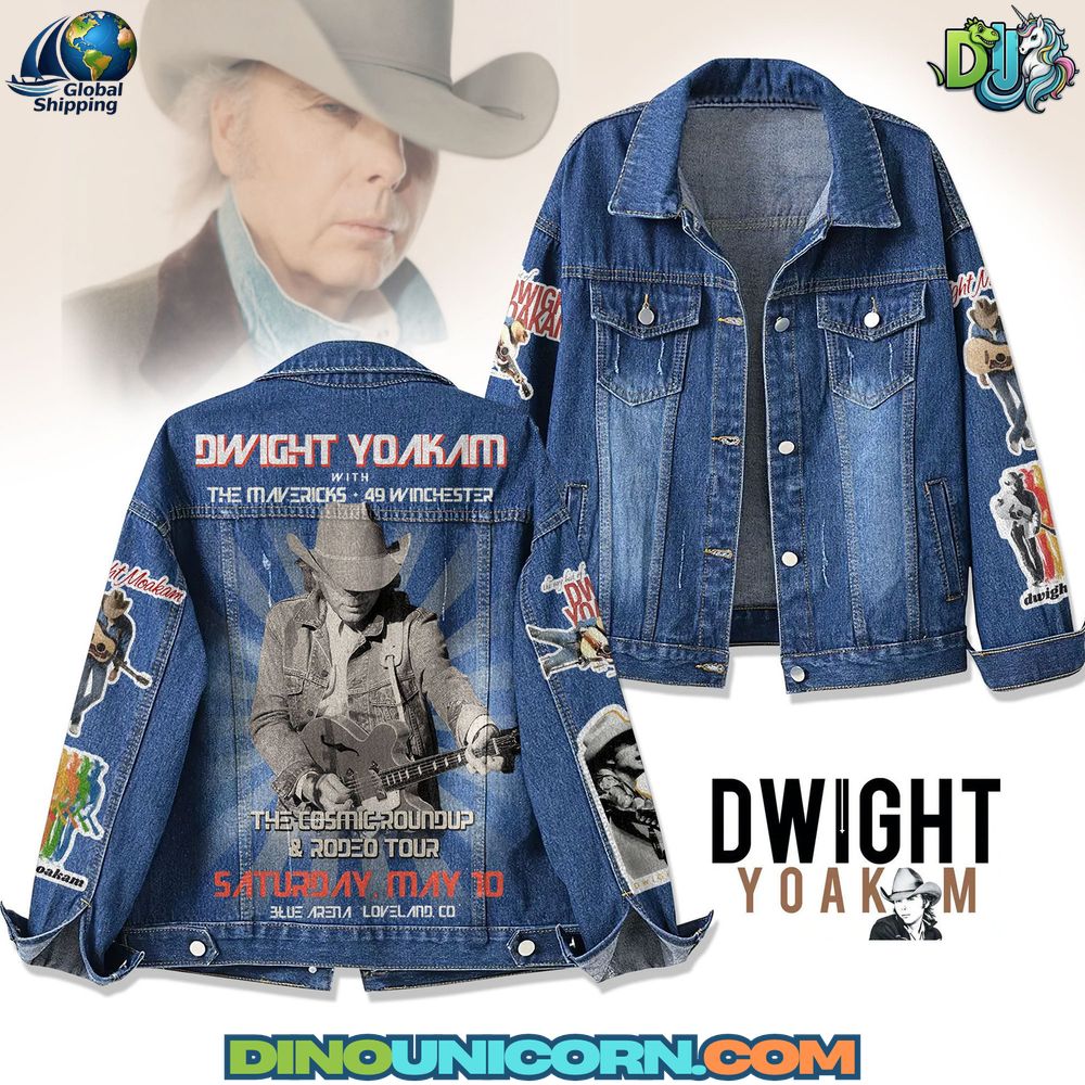 Dwight Yoakam Denim Jacket Dwight Yoakam denim jacket featuring The Cosmic Roundup & Rodeo Tour graphic, blue western-style jean jacket with cowboy and guitar design, unisex fanwear from DinoUnicorn.
