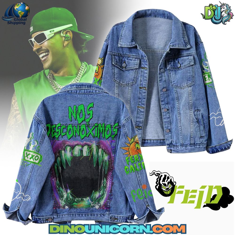 Feid Denim Jacket Feid denim jacket with neon green FERXXO graphics and Nos Desconocimos monster-mouth back print, unisex oversized trucker style denim coat in vintage wash for reggaeton fans.