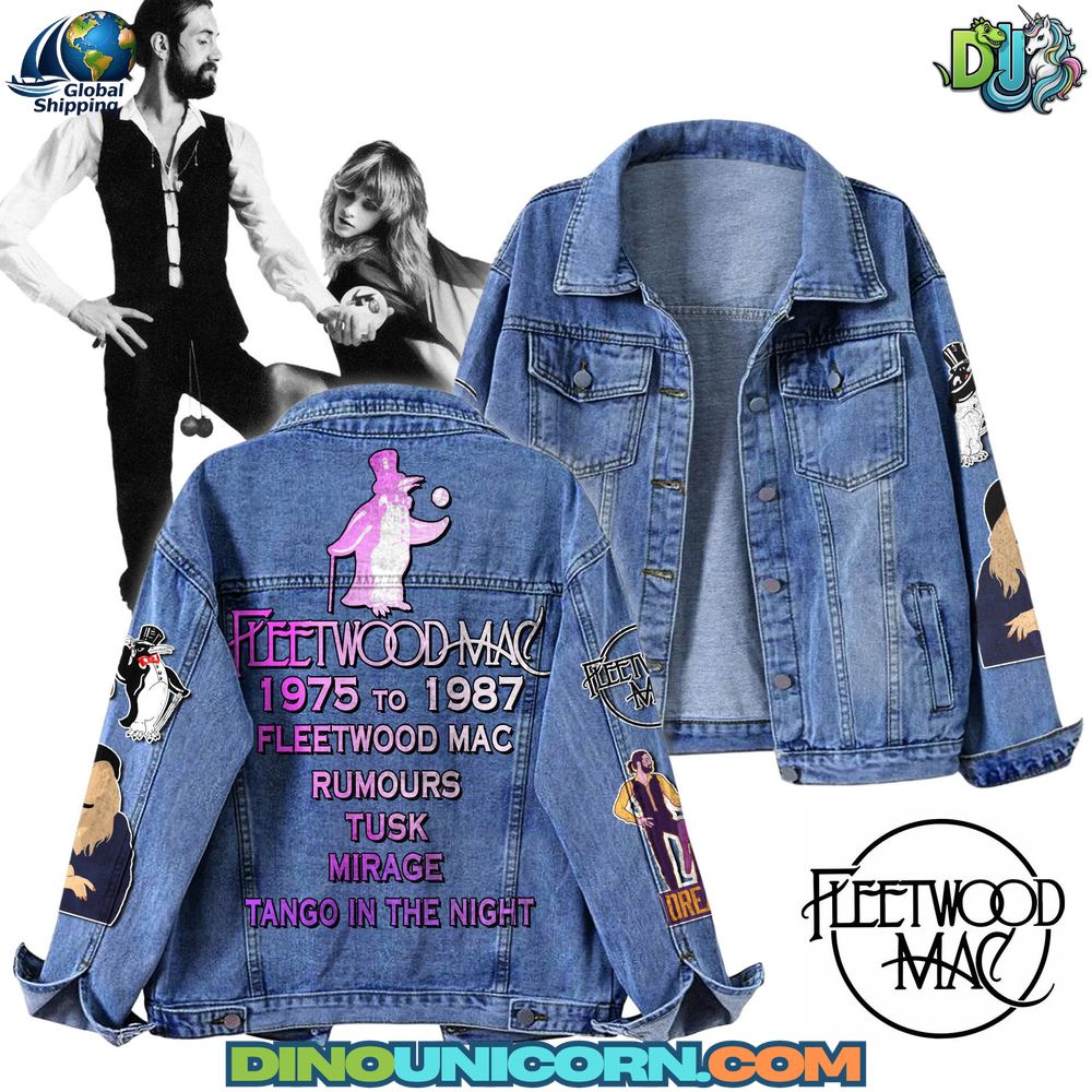 Fleetwood Mac Denim Jacket A Fleetwood Mac denim jacket featuring embroidered 1975–1987 album titles (Rumours, Tusk, Mirage, Tango in the Night), penguin mascot, and Stevie Nicks-inspired sleeve patches.