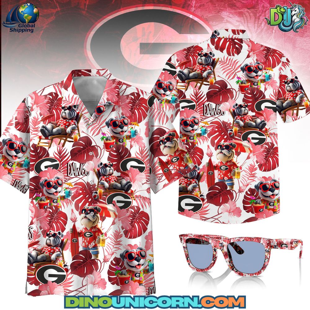 Georgia Bulldogs Football Hawaiian Shirt Premium handmade Georgia Bulldogs Football Hawaiian shirt featuring red and black floral tropical print with UGA mascot and palm leaf design, lightweight breathable aloha shirt for NCAA fans.