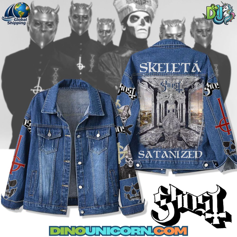 Ghost Denim Jacket A Ghost denim jacket featuring gothic cathedral artwork, “SKELETA SATANIZED” back print, embroidered Ghost symbols, and distressed vintage wash, perfect for heavy metal fans.