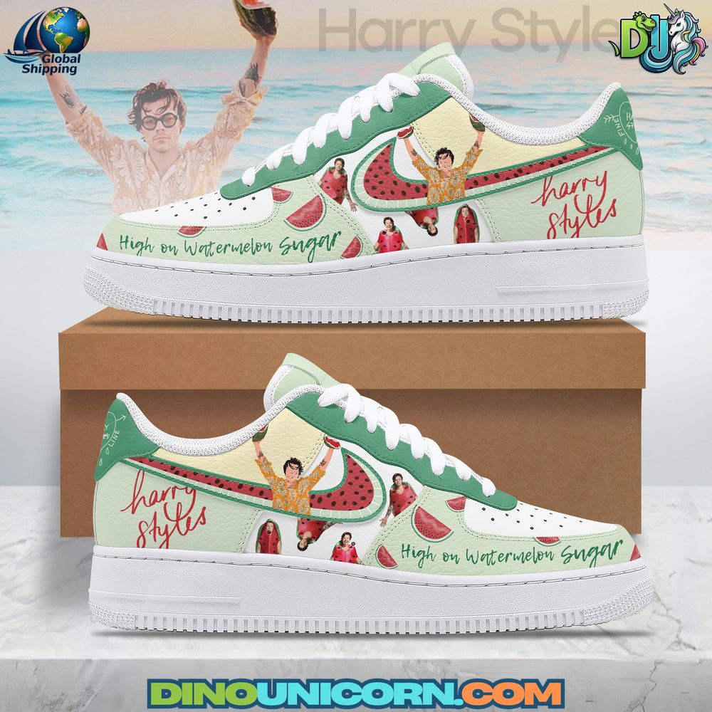 Harry Styles Singer Air Force 1 Sneaker Harry Styles Singer Air Force 1 sneaker featuring custom Nike design, green and white colorway, watermelon graphics, Harry Styles portraits, signature text, and stylish streetwear tribute footwear.