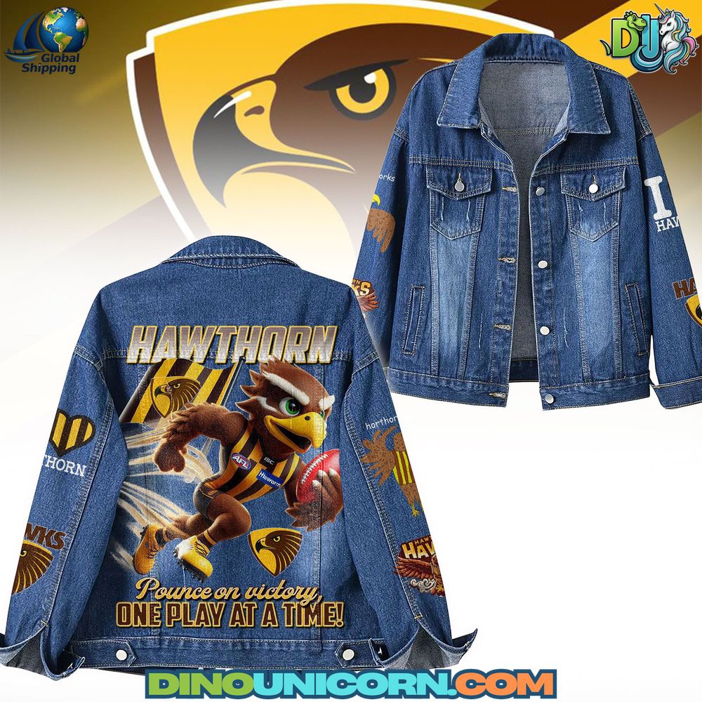 Hawthorn Football Club Denim Jacket Premium Hawthorn Football Club denim jacket featuring embroidered logo, bold hawk back graphic, and brown-gold detailing—crafted for AFL fans and streetwear lovers.