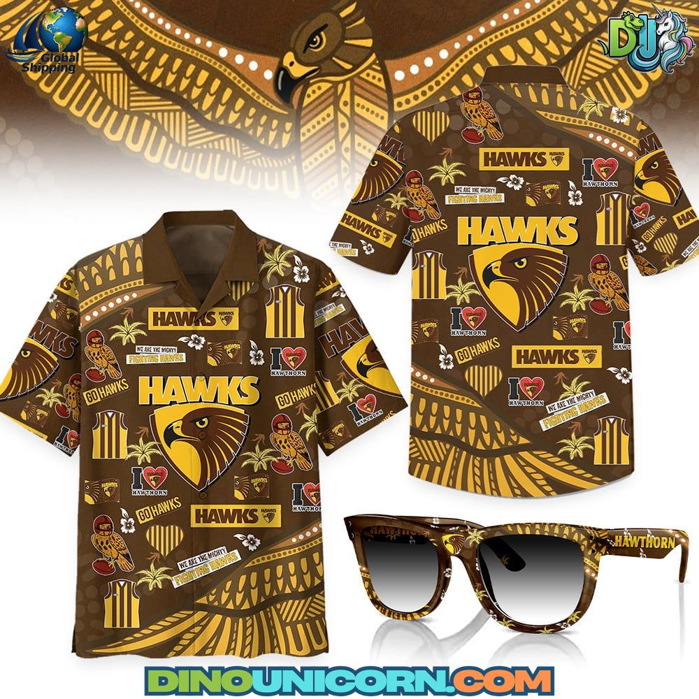 Hawthorn Football Club Hawaiian Shirt Premium Hawthorn Football Club Hawaiian shirt with brown-gold floral print, palm patterns, and team graphics—lightweight unisex tropical wear for AFL fans.