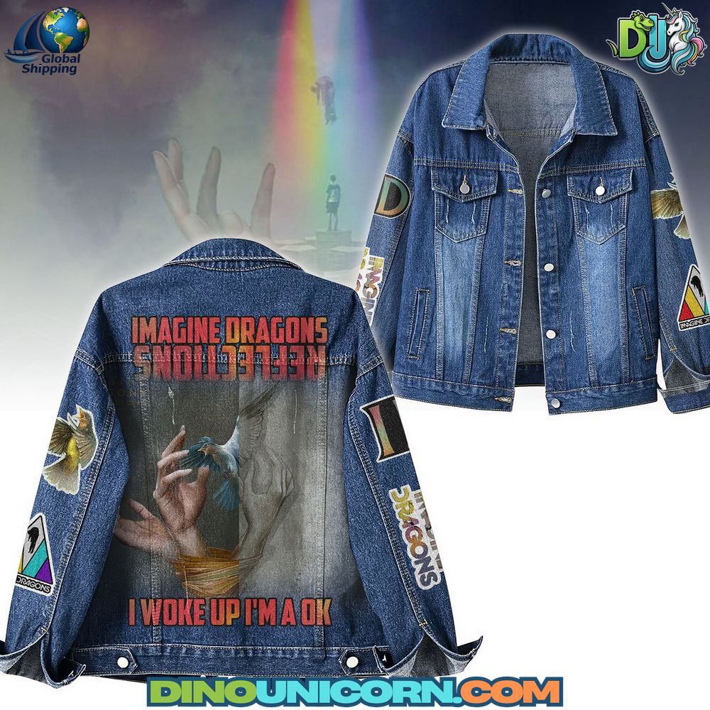 Imagine Dragons Denim Jacket Imagine Dragons denim jacket featuring “I Woke Up I’m A OK” design, blue distressed jean jacket with embroidered band logos and patches on sleeves, collectible unisex streetwear outerwear inspired by the Imagine Dragons tour edition, limited edition fan merchandise jacket.