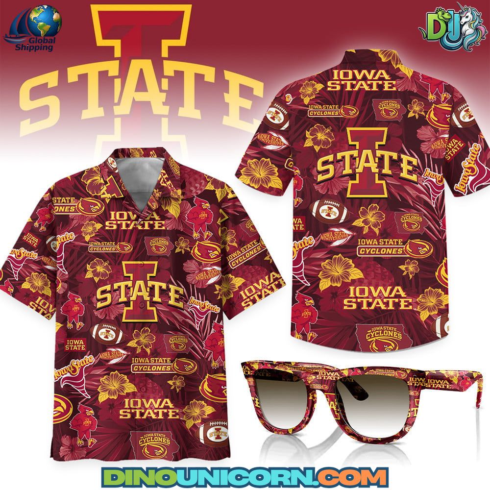 Iowa State Cyclones Football Hawaiian Shirt Premium Iowa State Cyclones Football Hawaiian shirt with red and gold floral print, university logo, and tropical pattern—lightweight unisex summer wear for NCAA fans.